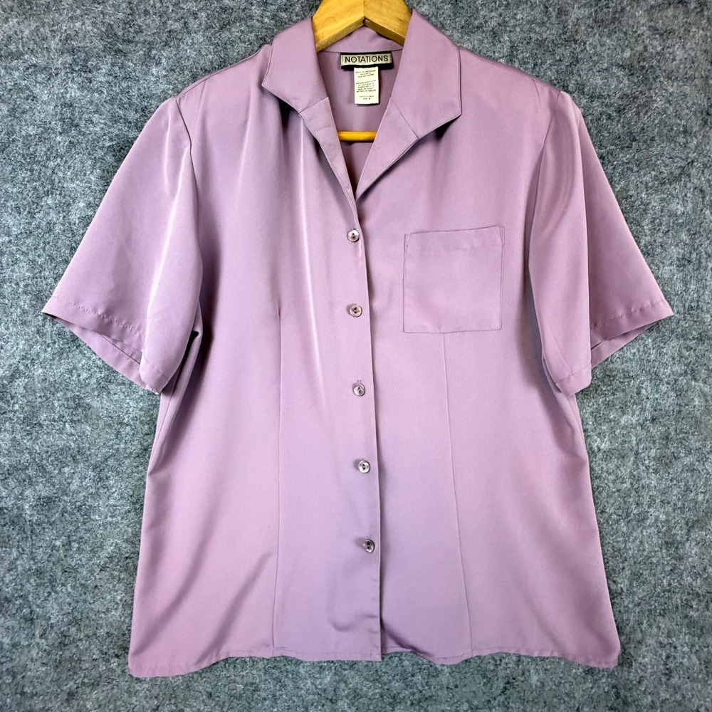 Vintage Notations Blouse Top Womens Small Purple Short Sleeve Camp Collar Office